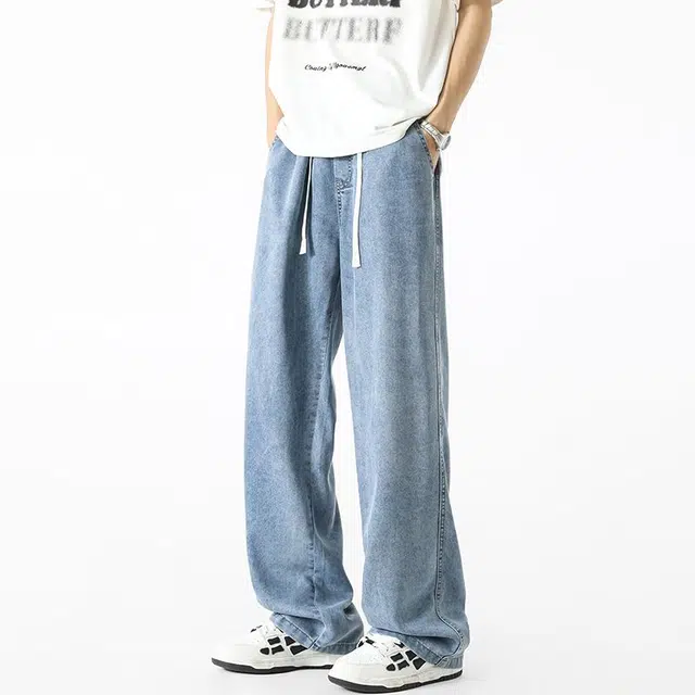 袋鼠 天丝潮流宽松直筒裤子高街男阔腿长裤男牛仔裤 男女同款
