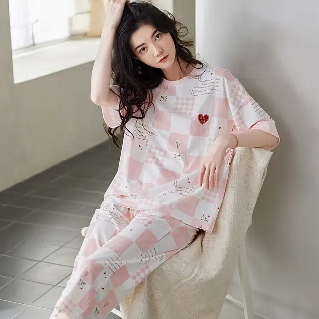 纯禧 圆领套头舒适透气短袖松紧腰长裤睡衣套装 女款 粉色