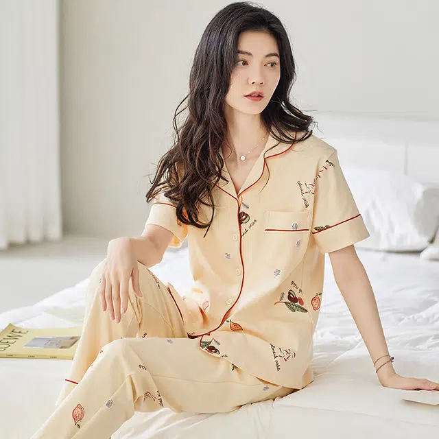 纯禧 纯棉字母卡通印花舒适甜美短袖松紧长裤睡衣套装 女款 图片色