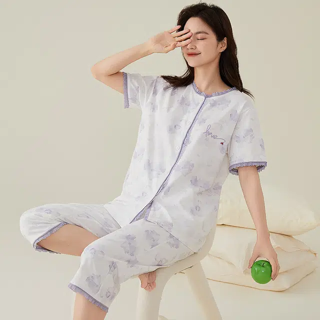 纯禧 柔软纯棉亲肤简洁短袖开衫休闲可外穿家居服七分裤睡衣套装 女款 淡紫色