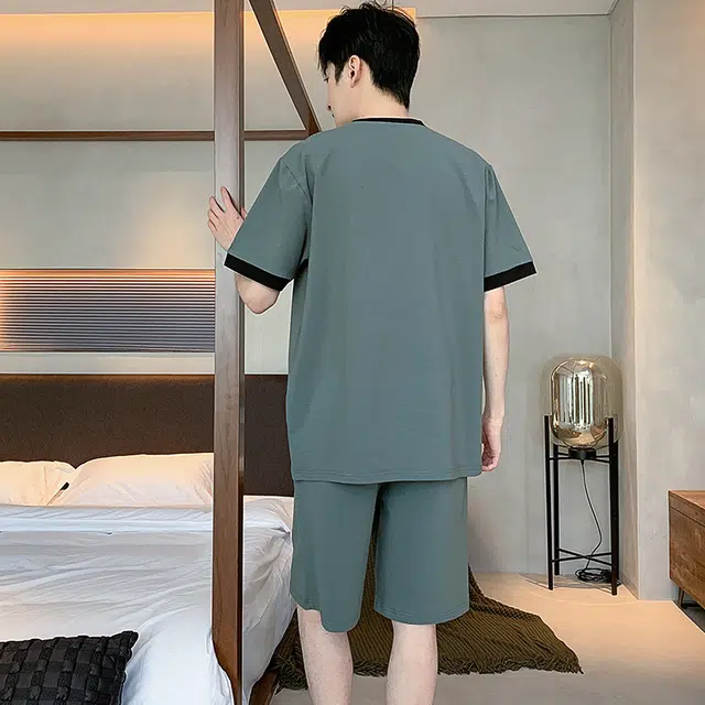 纯禧 圆领简约舒适上衣松紧腰短裤睡衣套装 男款 石板灰