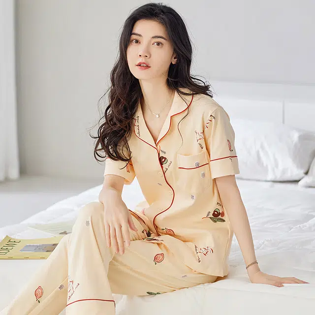 纯禧 纯棉字母卡通印花舒适甜美短袖松紧长裤睡衣套装 女款 图片色