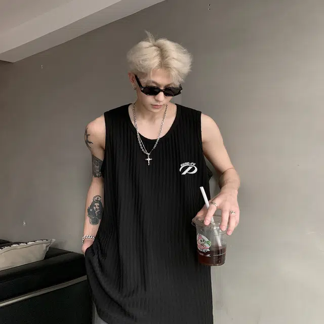 功夫熊猫 美式复古亲肤清凉透气肌理感运动健身跑步篮球汗衫时尚百搭冰感慵懒风坑条纯色情侣修身打底圆领套头无袖背心 男女同款