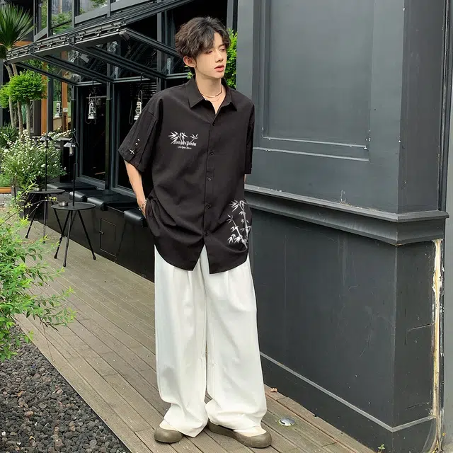 功夫熊猫 美式百搭学院风竹子字母印花垂感条纹袖口金属设计宽松翻领直筒短袖衬衫 男女同款