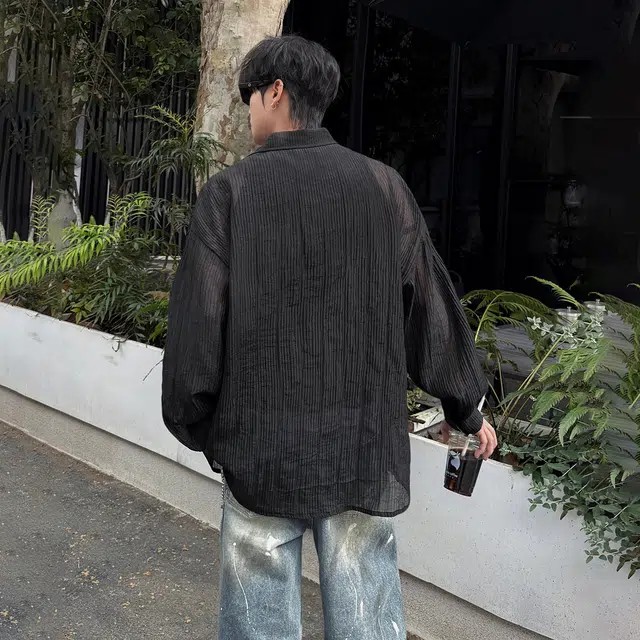 功夫熊猫 美式学院风肌理感清凉轻薄透气亲肤舒适小众个性设计宽松翻领日常休闲韩系慵懒百搭速干防晒长袖衬衫 男女同款