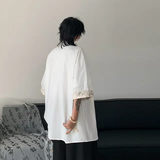 功夫熊猫 新中式东方美学水墨绘画竹子环球影城阿宝卡通动漫人物图案印花宽松休闲国风潮流短袖上衣百搭显瘦落肩垂感衬衫 男女同款