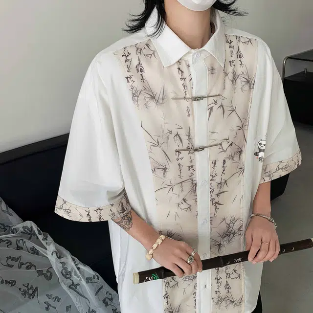 功夫熊猫 新中式东方美学水墨绘画竹子环球影城阿宝卡通动漫人物图案印花宽松休闲国风潮流短袖上衣百搭显瘦落肩垂感衬衫 男女同款