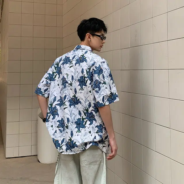 功夫熊猫 满印花卉痞帅宽松翻领短袖衬衫 男女同款