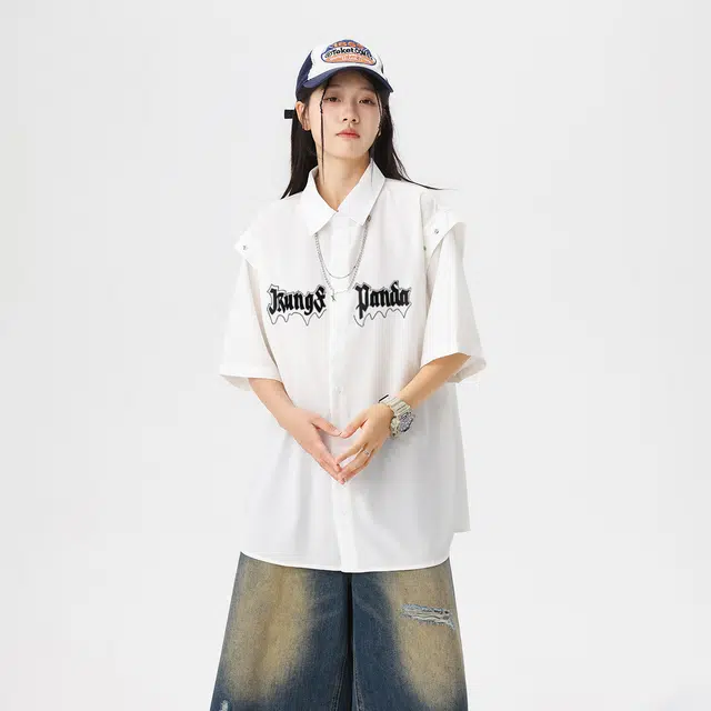 功夫熊猫 美式复古嘻哈街头字母印花垂感宽松翻领短袖衬衫 男女同款