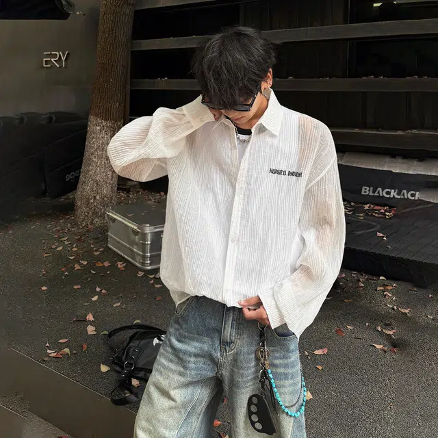 功夫熊猫 美式学院风肌理感清凉轻薄透气亲肤舒适小众个性设计宽松翻领日常休闲韩系慵懒百搭速干防晒长袖衬衫 男女同款