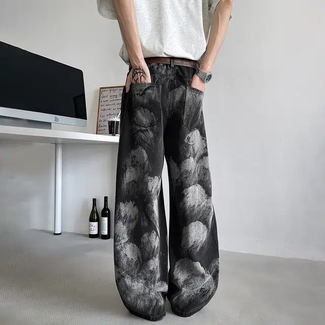 功夫熊猫 美式高街复古显高休闲时尚百搭日常通勤牛仔裤 男女同款