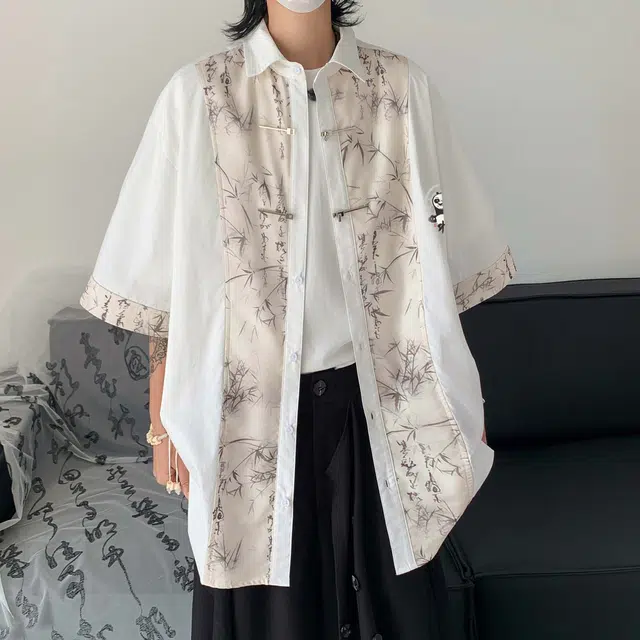 功夫熊猫 新中式东方美学水墨绘画竹子环球影城阿宝卡通动漫人物图案印花宽松休闲国风潮流短袖上衣百搭显瘦落肩垂感衬衫 男女同款