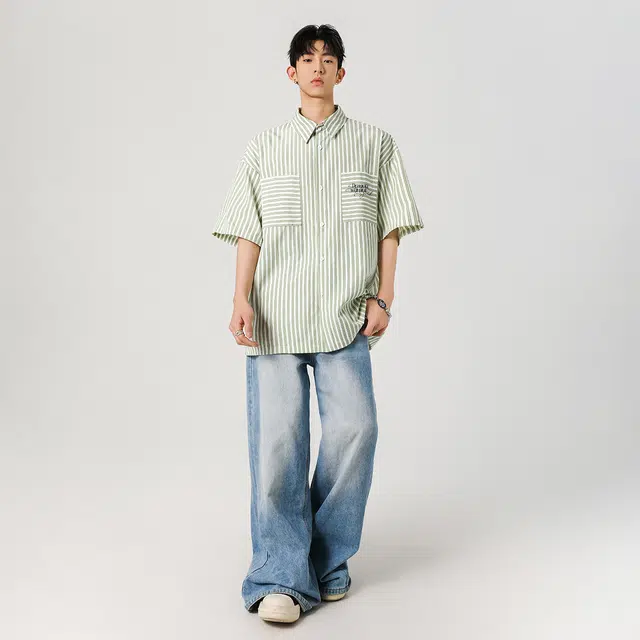 功夫熊猫 潮流条纹撞色双口袋小清新高级感设计宽松百搭翻领单排扣休闲慵懒薄款短袖衬衫 男女同款