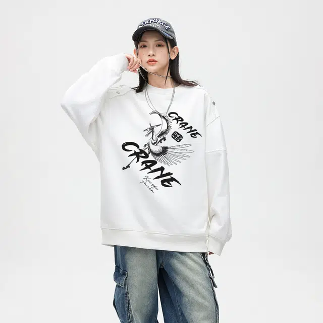 功夫熊猫 美式高街嘻哈风创意涂鸦印花卫服宽松舒适休闲外套可调节拉链拼接款设计感潮流百搭圆领套头复古长袖卫衣 男女同款