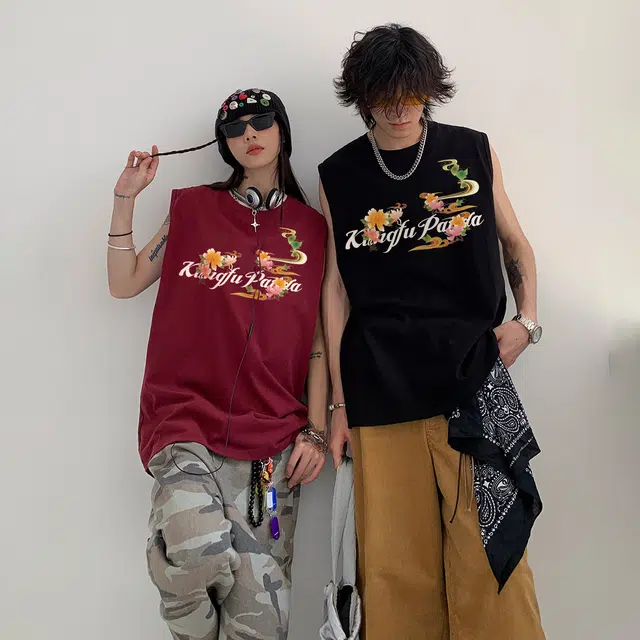 功夫熊猫 纯色新中式复古植物花卉艺术签名字母印花潮流时尚百搭户外运动篮球服休闲宽松坎肩圆领无袖背心 男女同款