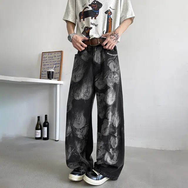 功夫熊猫 美式高街复古显高休闲时尚百搭日常通勤牛仔裤 男女同款
