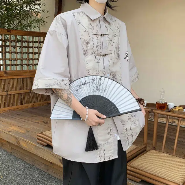 功夫熊猫 新中式东方美学水墨绘画竹子环球影城阿宝卡通动漫人物图案印花宽松休闲国风潮流短袖上衣百搭显瘦落肩垂感衬衫 男女同款