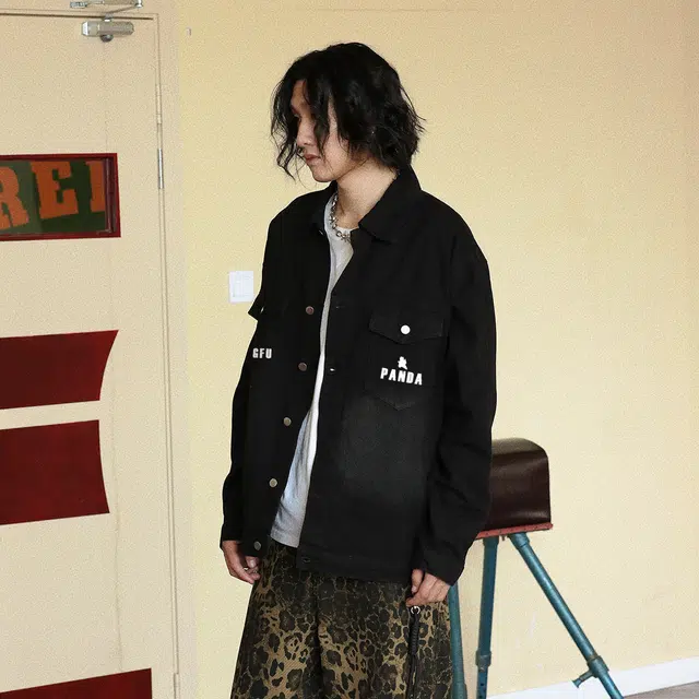 功夫熊猫 美式复古嘻哈街头风字母数字印花个性潮牌基础款水洗做旧宽松休闲时尚百搭痞帅单排扣翻领牛仔外套 男女同款