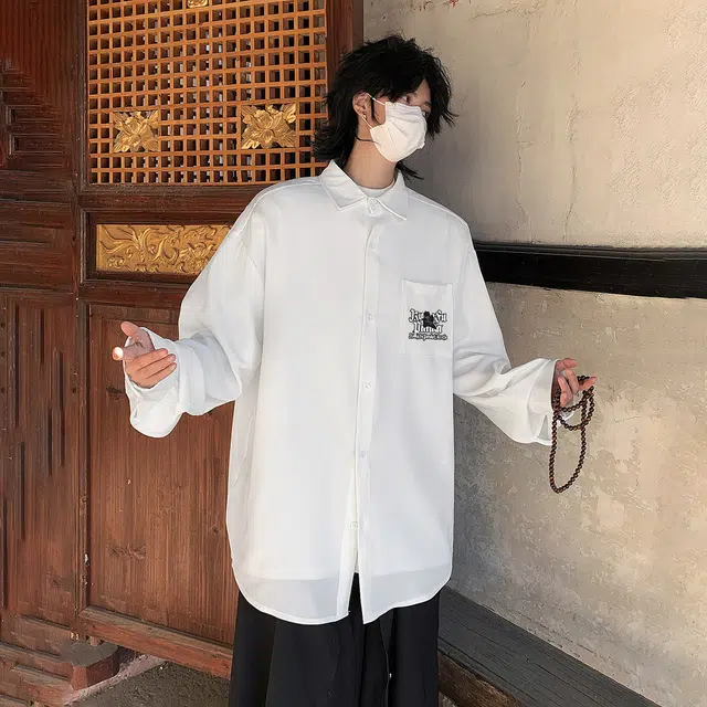 功夫熊猫 美式复古嘻哈街头手绘字母印花简约基础款纯色衬衣时尚潮流百搭翻领单排扣设计轻薄透气痞帅学院风休闲长袖衬衫 男女同款