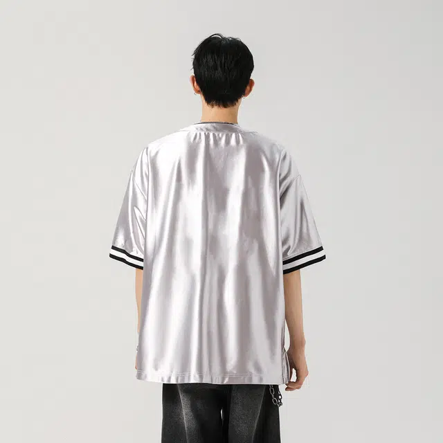 功夫熊猫 韩版潮牌潮流慵懒风裸感薄款家居服简约高级感袖口拼接撞色条纹开衫空调冰丝凉感单排扣设计秀场穿搭休闲短袖衬衫 男女同款