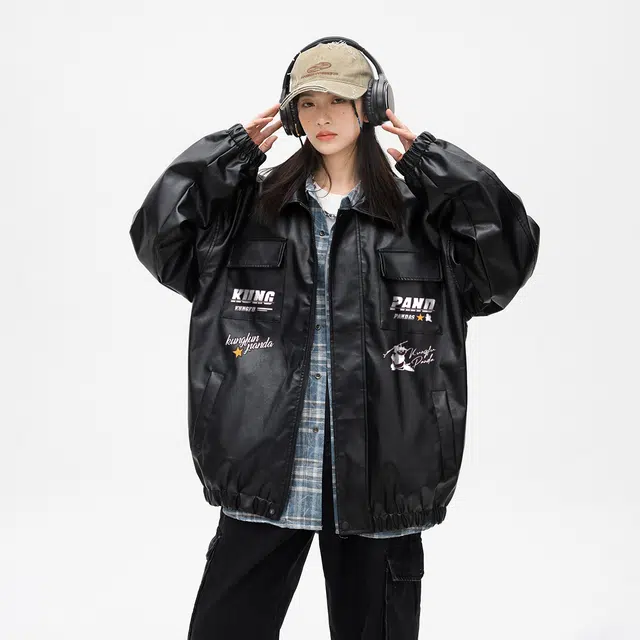 功夫熊猫 美式复古嘻哈街头风手绘创意星星字母印花基础款美拉德色潮牌夹克工装户外防风时尚个性百搭痞帅翻领拉链外套皮衣 男女同款