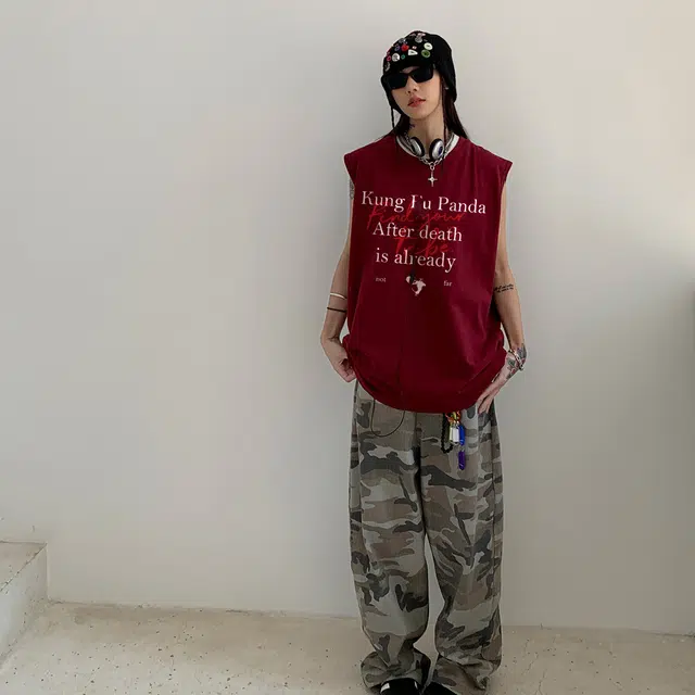 功夫熊猫 美式百搭嘻哈街头风手绘卡通动漫人物字母印花纯棉宽松基础款纯色系透气舒适圆领套头坎肩背心 男女同款