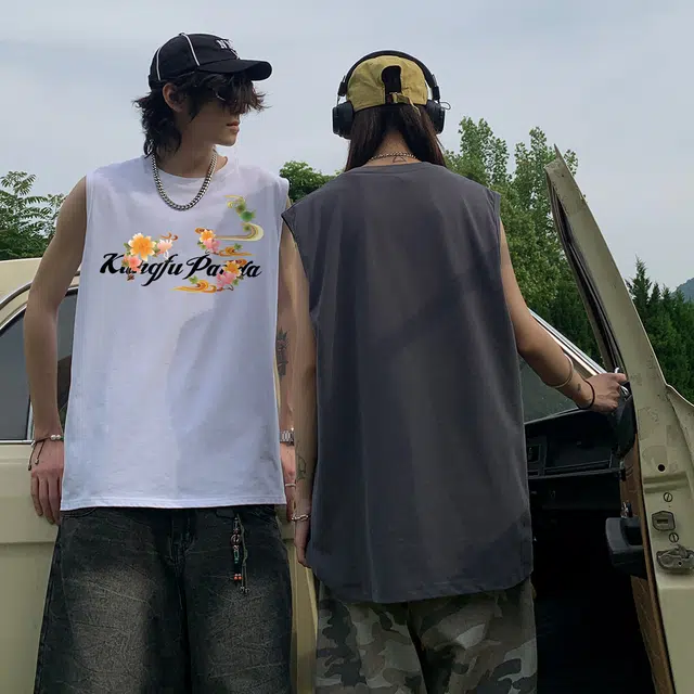 功夫熊猫 纯色新中式复古植物花卉艺术签名字母印花潮流时尚百搭户外运动篮球服休闲宽松坎肩圆领无袖背心 男女同款