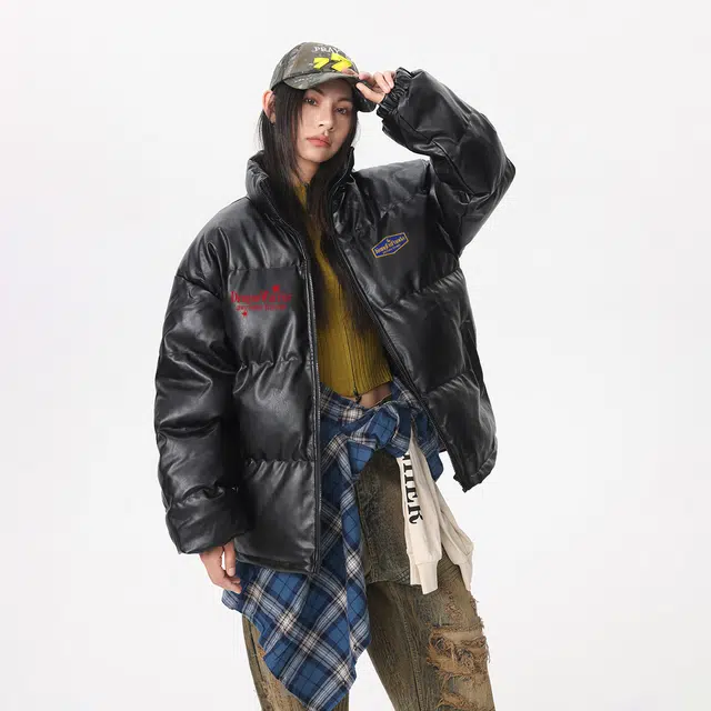 功夫熊猫 美式复古嘻哈街头字母印花卡通胶标基础款纯色加厚保暖防寒宽松休闲简约舒适时尚百搭潮流拉链立领面包棉服 男女同款