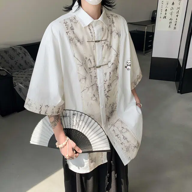 功夫熊猫 新中式东方美学水墨绘画竹子环球影城阿宝卡通动漫人物图案印花宽松休闲国风潮流短袖上衣百搭显瘦落肩垂感衬衫 男女同款