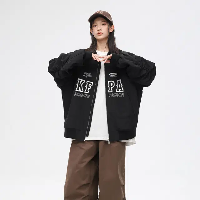 功夫熊猫 美式复古嘻哈街头风手绘创意字母星星印花基础款时尚百搭系飞行员潮牌舒适户外机能拉链长袖棒球夹克外套 男女同款