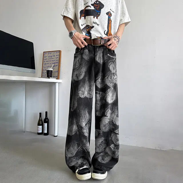 功夫熊猫 美式高街复古显高休闲时尚百搭日常通勤牛仔裤 男女同款