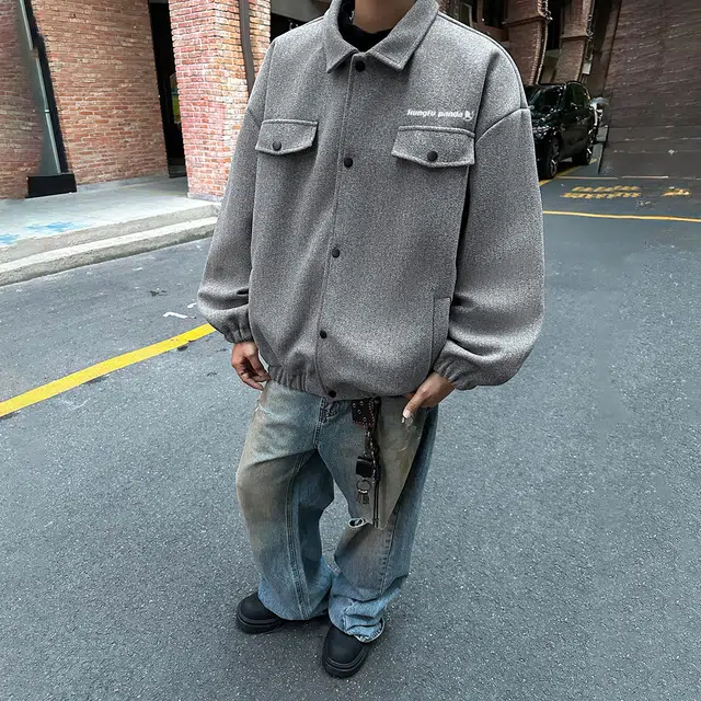 功夫熊猫 美式复古嘻哈街头字母印花个性潮流基础款纯色宽松休闲简约时尚百搭痞帅夹棉加厚保暖单排扣翻领毛呢夹克外套 男女同款