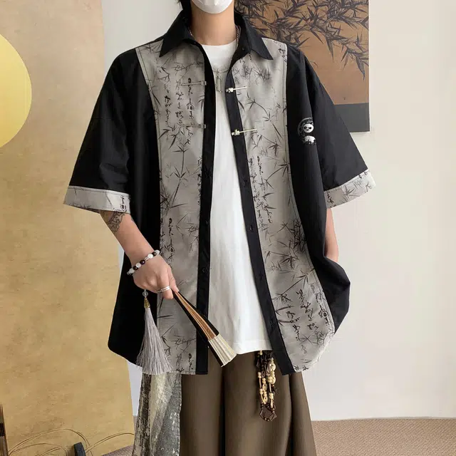 功夫熊猫 新中式东方美学水墨绘画竹子环球影城阿宝卡通动漫人物图案印花宽松休闲国风潮流短袖上衣百搭显瘦落肩垂感衬衫 男女同款