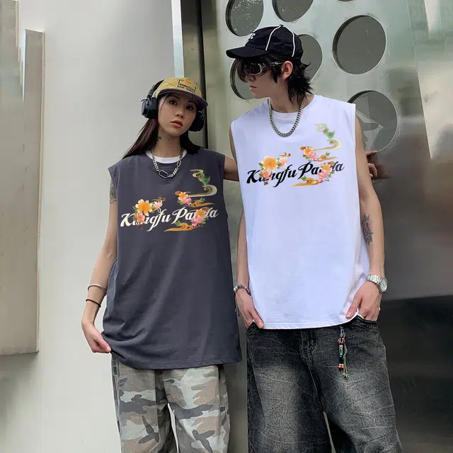 功夫熊猫 纯色新中式复古植物花卉艺术签名字母印花潮流时尚百搭户外运动篮球服休闲宽松坎肩圆领无袖背心 男女同款