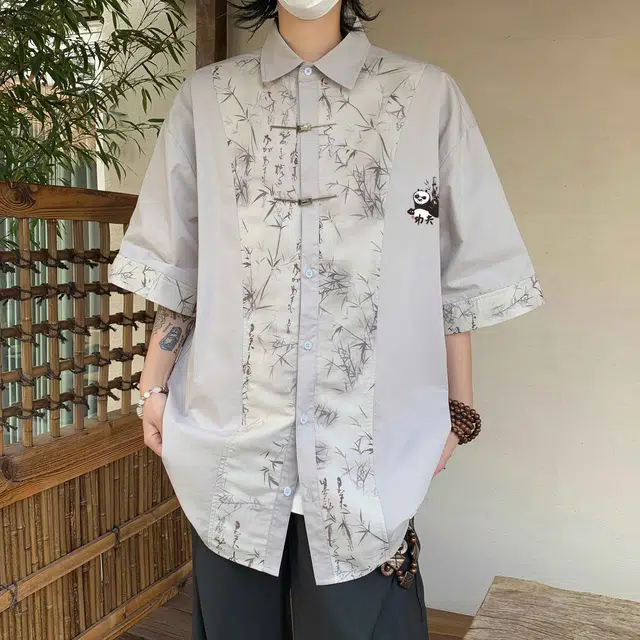 功夫熊猫 新中式东方美学水墨绘画竹子环球影城阿宝卡通动漫人物图案印花宽松休闲国风潮流短袖上衣百搭显瘦落肩垂感衬衫 男女同款
