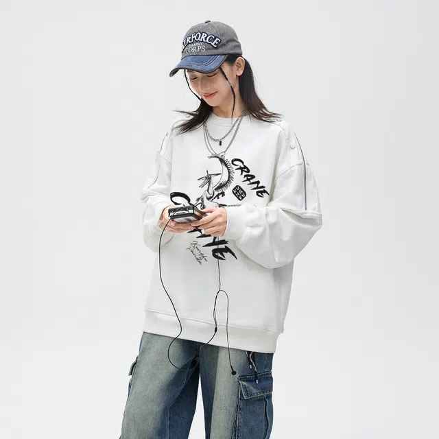 功夫熊猫 美式高街嘻哈风创意涂鸦印花卫服宽松舒适休闲外套可调节拉链拼接款设计感潮流百搭圆领套头复古长袖卫衣 男女同款