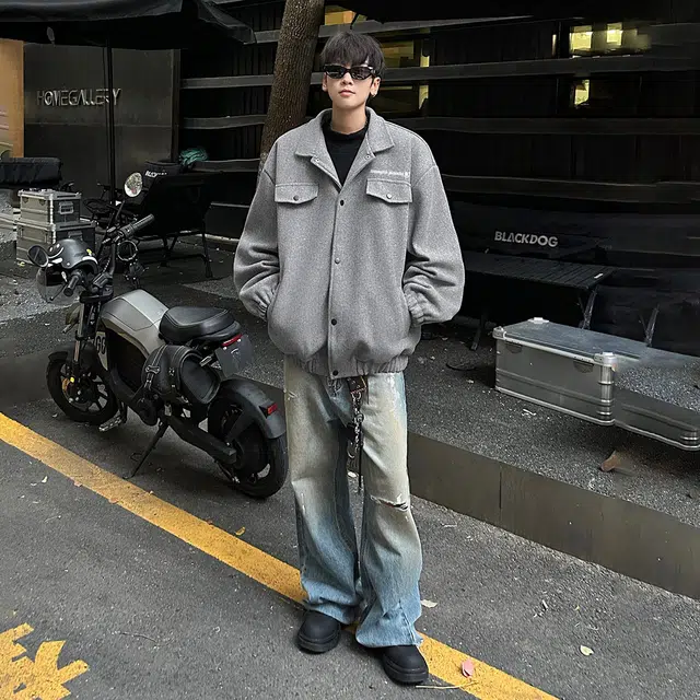 功夫熊猫 美式复古嘻哈街头字母印花个性潮流基础款纯色宽松休闲简约时尚百搭痞帅夹棉加厚保暖单排扣翻领毛呢夹克外套 男女同款
