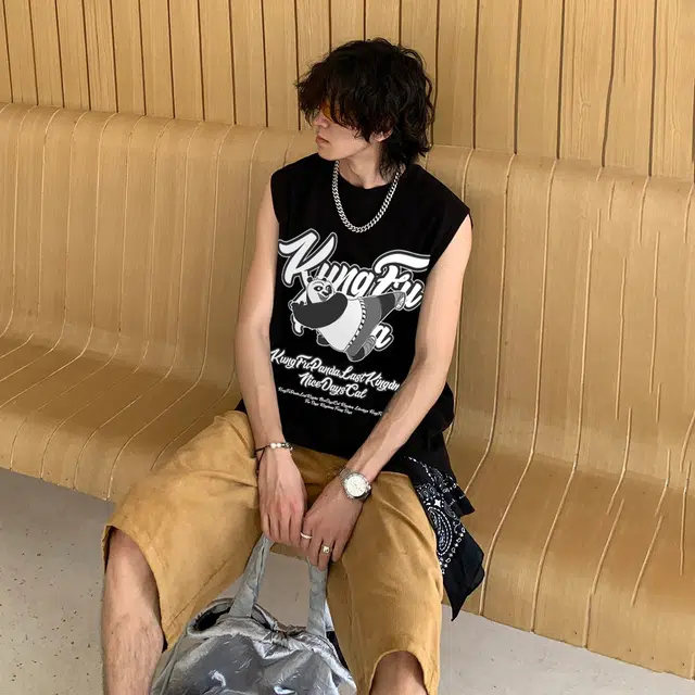功夫熊猫 美式复古嘻哈街头风手绘卡通动漫字母印花时尚百搭基础款纯棉重磅潮牌宽松休闲纯色系圆领无袖坎肩背心 男女同款
