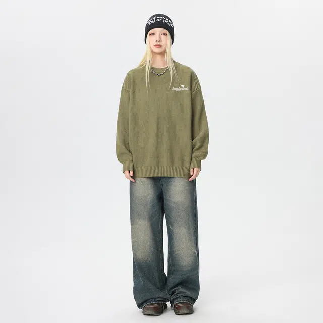 功夫熊猫 美式复古学院风字母刺绣个性潮牌基础款纯色宽松休闲简约舒适软糯慵懒感时尚百搭针织打底衫圆领长袖毛衣 男女同款