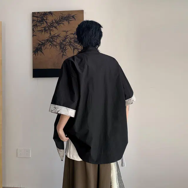 功夫熊猫 新中式东方美学水墨绘画竹子环球影城阿宝卡通动漫人物图案印花宽松休闲国风潮流短袖上衣百搭显瘦落肩垂感衬衫 男女同款
