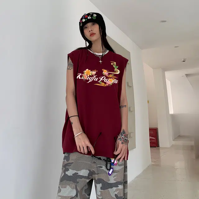 功夫熊猫 纯色新中式复古植物花卉艺术签名字母印花潮流时尚百搭户外运动篮球服休闲宽松坎肩圆领无袖背心 男女同款