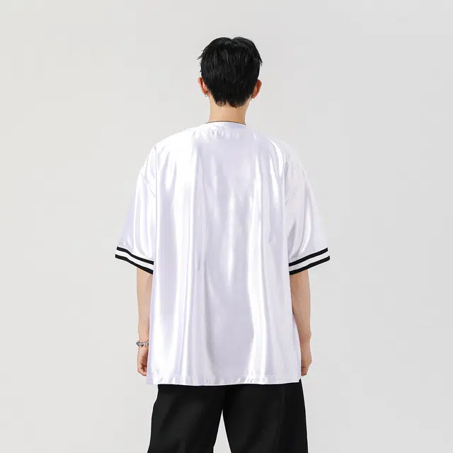 功夫熊猫 韩版潮牌潮流慵懒风裸感薄款家居服简约高级感袖口拼接撞色条纹开衫空调冰丝凉感单排扣设计秀场穿搭休闲短袖衬衫 男女同款