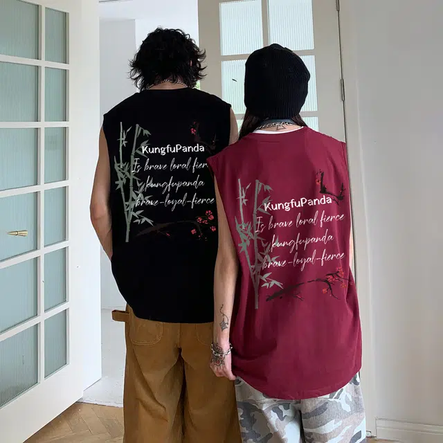 功夫熊猫 美式复古时尚潮流百搭简约背面字母植物花卉图案舒适宽松休闲无袖背心 男女同款