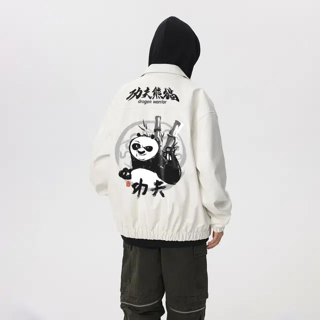 功夫熊猫 美式复古痞帅纯色夹棉加厚保暖抗寒防风防水字母汉字印花卡通图案简约舒适宽松休闲户外机车服拉链翻领棉服 男女同款