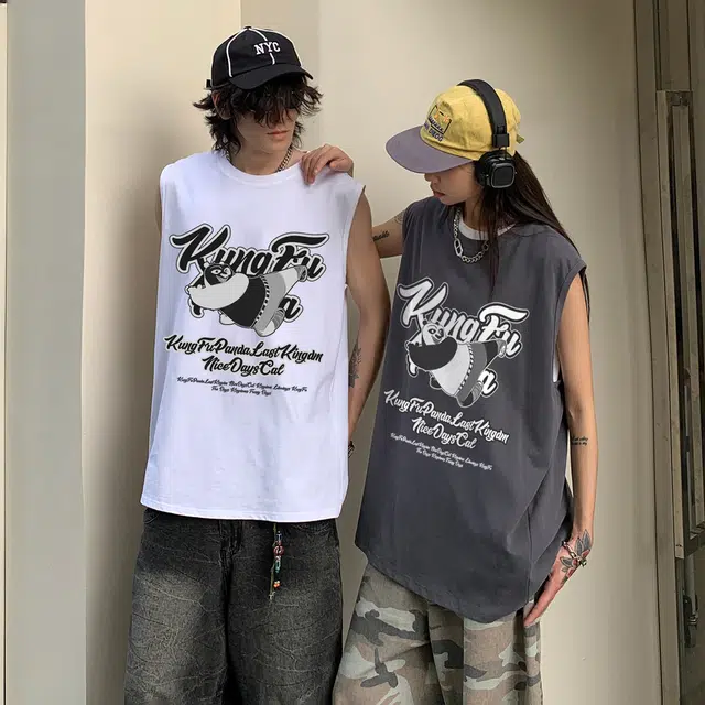 功夫熊猫 美式复古嘻哈街头风手绘卡通动漫字母印花时尚百搭基础款纯棉重磅潮牌宽松休闲纯色系圆领无袖坎肩背心 男女同款