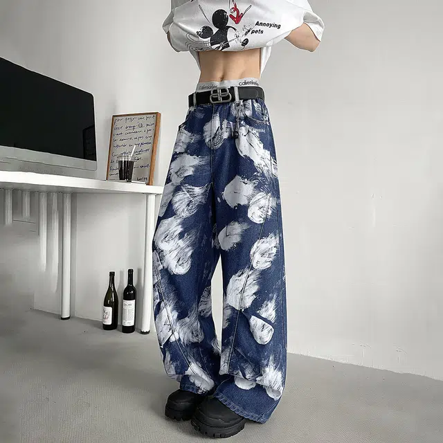 功夫熊猫 美式高街复古显高休闲时尚百搭日常通勤牛仔裤 男女同款