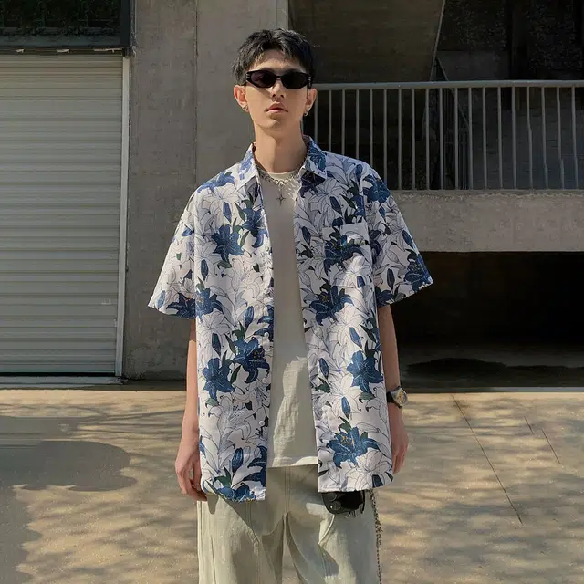 功夫熊猫 满印花卉痞帅宽松翻领短袖衬衫 男女同款