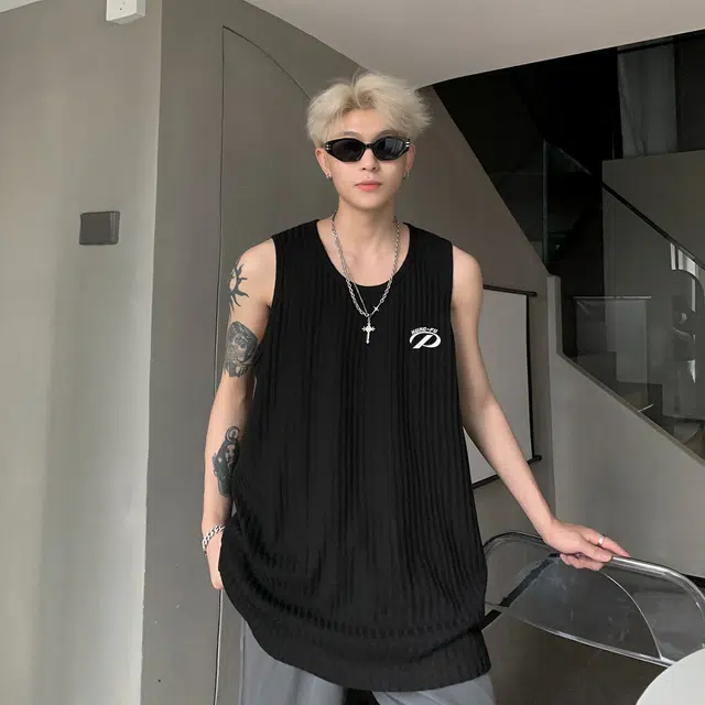功夫熊猫 美式复古亲肤清凉透气肌理感运动健身跑步篮球汗衫时尚百搭冰感慵懒风坑条纯色情侣修身打底圆领套头无袖背心 男女同款