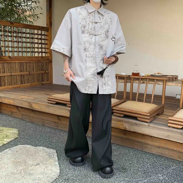 功夫熊猫 新中式东方美学水墨绘画竹子环球影城阿宝卡通动漫人物图案印花宽松休闲国风潮流短袖上衣百搭显瘦落肩垂感衬衫 男女同款