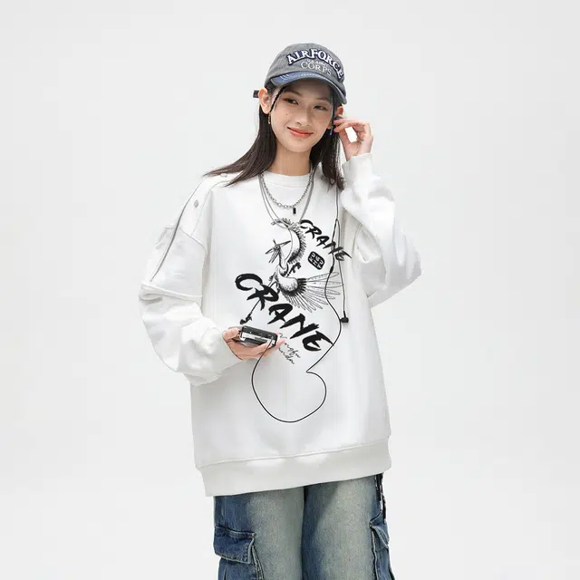 功夫熊猫 美式高街嘻哈风创意涂鸦印花卫服宽松舒适休闲外套可调节拉链拼接款设计感潮流百搭圆领套头复古长袖卫衣 男女同款